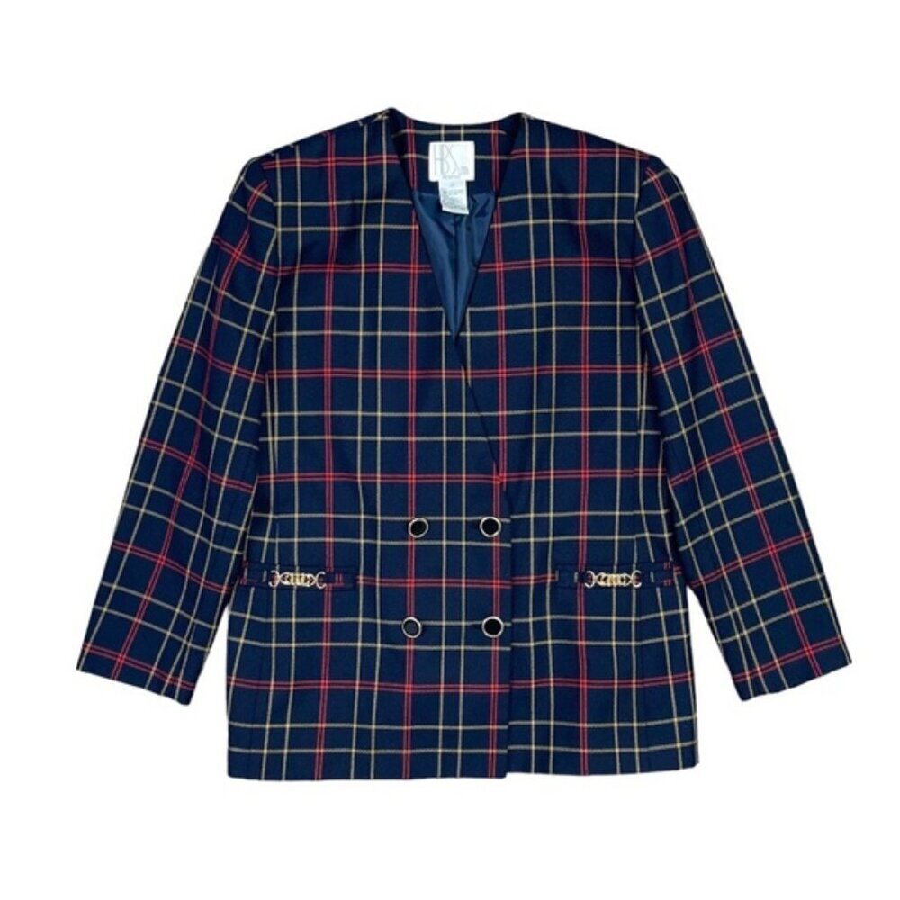 Vintage Blazer Jacket Women's‎ 10 US Petite Navy Red Plaid Double Breasted HBS